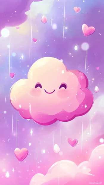 A pink Kawaii cloud wallpaper HD with a smiling face.