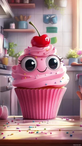 A pink Kawaii cupcake with big eyes and a cherry on top, surrounded by sprinkles.