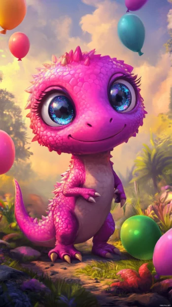 A pink Kawaii dinosaur with big sparkly eyes.