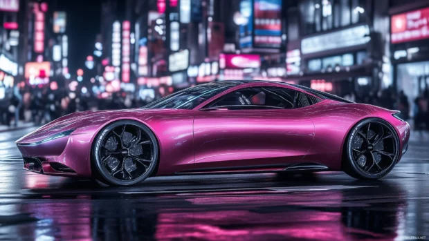 A pink car desktop wallpaper with sleek aerodynamic lines, driving through a neon lit cityscape at night.