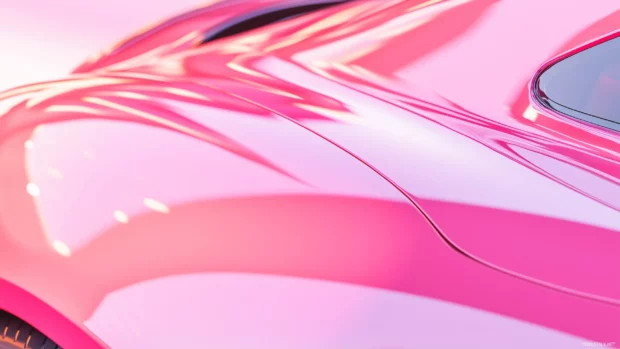 A pink car wallpaper with a glossy finish, its curves and details highlighted by soft ambient lighting.