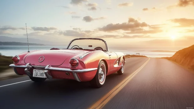 A pink convertible car cruising along a coastal road.