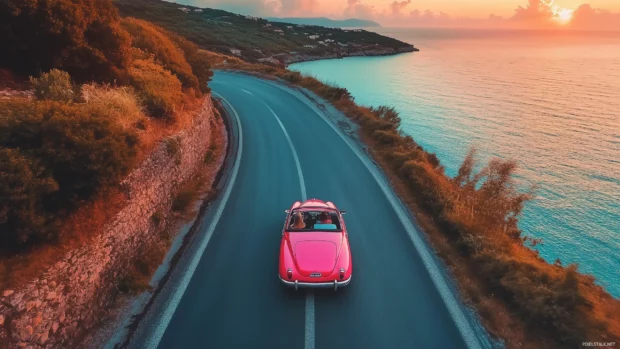 A pink convertible cruising along a coastal road, with the ocean breeze and sunset.