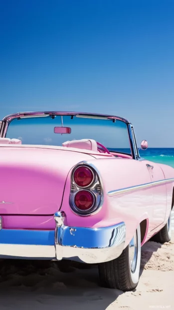 A pink convertible with a playful, bubbly design, parked at a beach with soft waves and a clear blue sky .