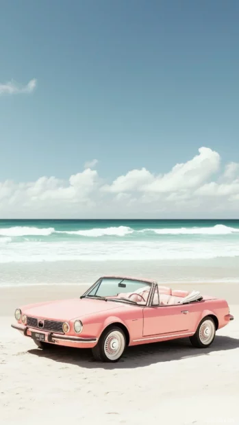 A pink convertible with a playful, bubbly design, parked at a beach with soft waves and a clear blue sky.