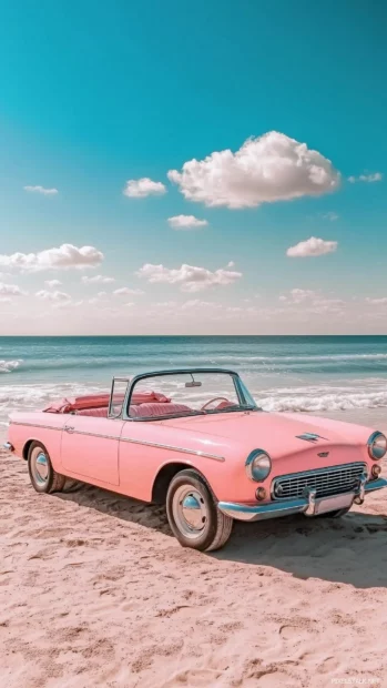 A pink convertible with a playful, bubbly design, parked at a beach with soft waves and a clear blue sky.