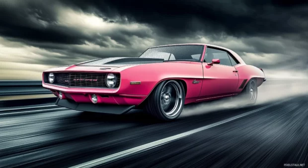 A pink muscle car in motion, speeding down a road with dramatic lighting and motion blur.