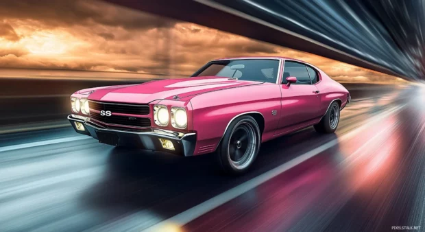 A pink muscle car speeding down a road with dramatic lighting and motion blur.