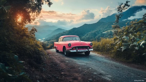 A pink vintage car parked on a scenic mountain road, surrounded by lush greenery and a soft sunset glow.