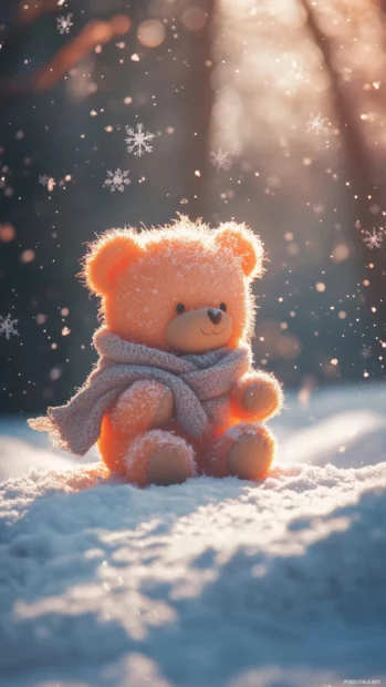 A playful Kawaii bear wearing a cozy scarf, sliding down a snowy hill with snowflakes falling around.