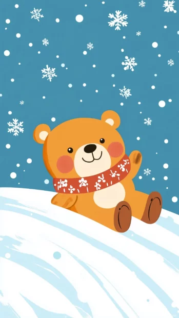 A playful Kawaii bear wearing a cozy scarf, sliding down a snowy hill with snowflakes falling around.