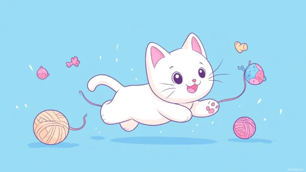 A playful Kawaii kitten chasing a ball of yarn, with cheerful expressions and colorful toys scattered around.