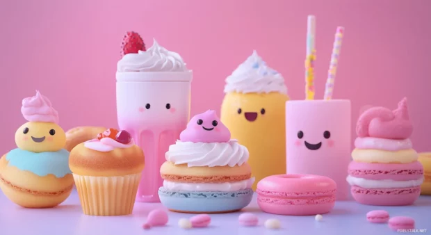 A playful arrangement of cute desserts like cupcakes, donuts, and macarons with happy faces.