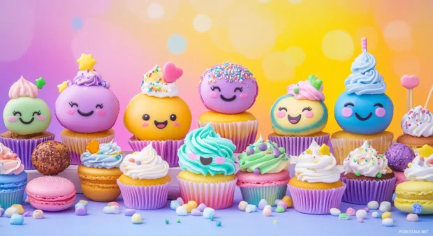 A playful arrangement of cute desserts like cupcakes, donuts, and macarons with happy faces.