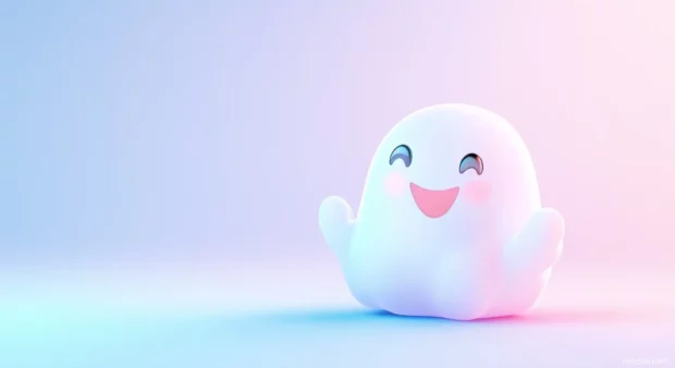 A playful cartoon style cute ghost floating in a pastel background, friendly smile and rosy cheeks, soft blue and white gradient backdrop.