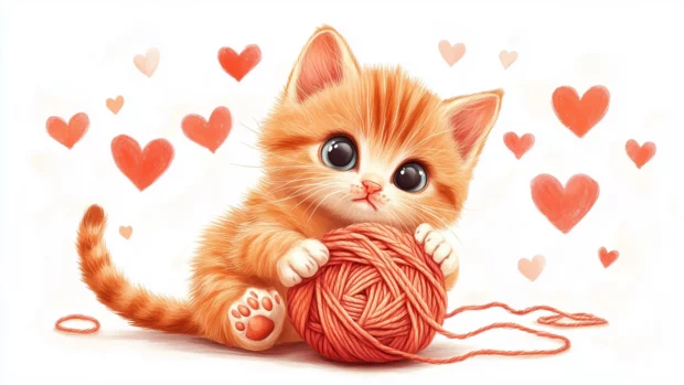 A playful kitten playing with a ball of yarn, its little paws tangled up, with cute heart patterns in the background.