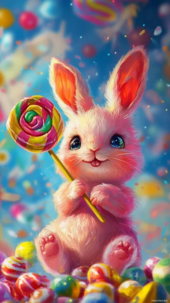 A playful pink Kawaii bunny holding a giant lollipop.