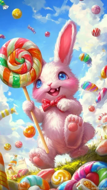 A playful pink Kawaii bunny holding a giant lollipop, with colorful candy scattered around.