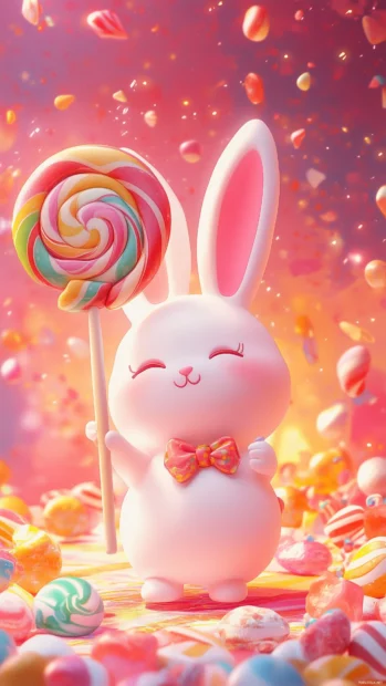 A playful pink Kawaii bunny holding a giant lollipop, with colorful candy scattered around.