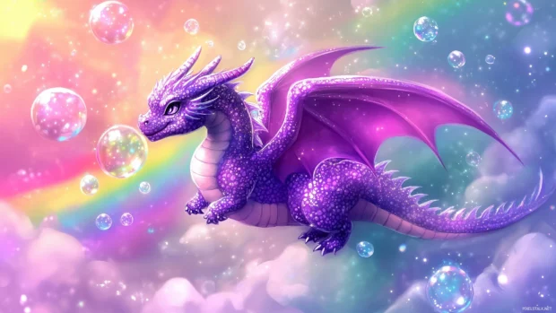 A playful purple dragon desktop wallpaper with sparkly wings, blowing cute little bubbles in a pastel colored sky, with a rainbow in the background.