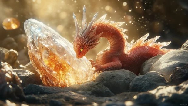 A playful red dragon curling around a large crystal, casting colorful reflections on nearby rocks.