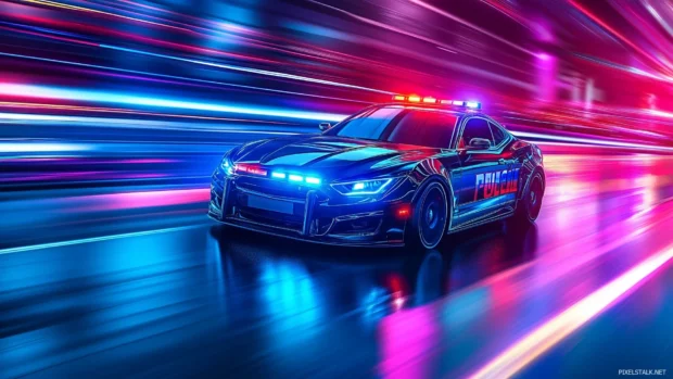 A police car with blue and red sirens glowing brightly, speeding through a city with neon lights reflecting off its polished surface.