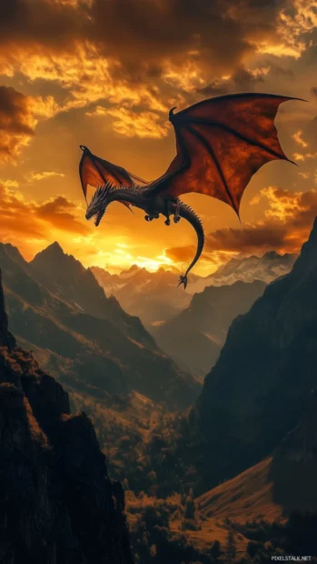 A powerful Japanese dragon soaring above a colorful sunset, its scales shimmering in the golden light, with distant mountains.