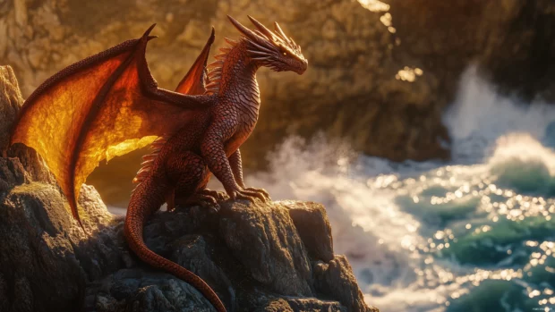 A powerful dragon 4K wallpaper with iridescent scales perched on a cliffside, the ocean waves crashing below, the setting sun casting a golden glow over its majestic wings.