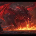 A powerful dragon engaged in a fierce battle with a knight, flames erupting around them.