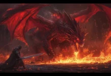 A powerful dragon engaged in a fierce battle with a knight, flames erupting around them.