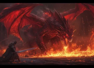 A powerful dragon engaged in a fierce battle with a knight, flames erupting around them.