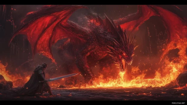 A powerful dragon engaged in a fierce battle with a knight, flames erupting around them.