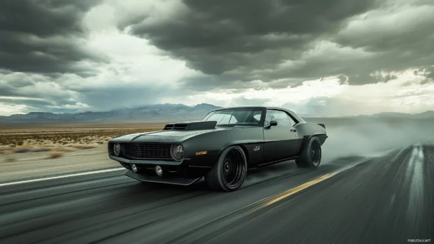 A powerful muscle car HD wallpaper with its engine roaring on a deserted highway under stormy skies.