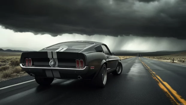 A powerful muscle car desktop wallpaper with its engine roaring on a deserted highway under stormy skies.