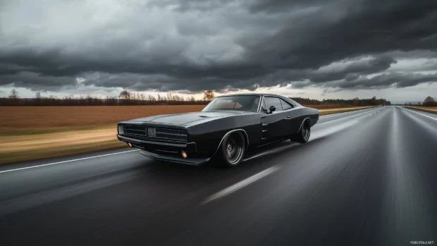 A powerful muscle car with its engine roaring on a deserted highway under stormy skies.