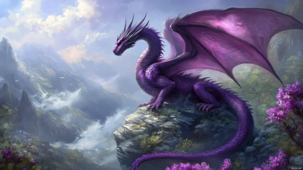 A powerful purple Dragon resting atop a mystical mountain.