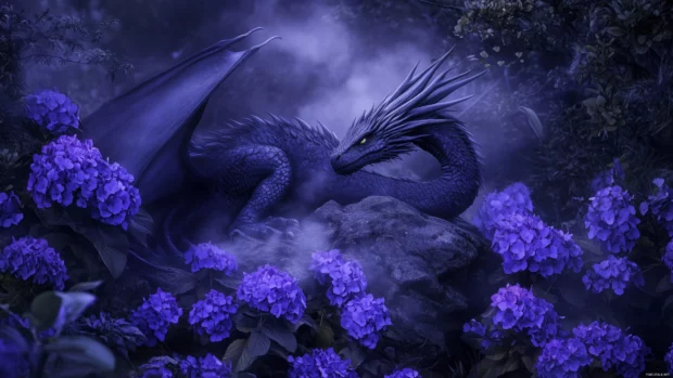 A powerful purple Dragon resting atop a mystical mountain, surrounded by swirling mist and vibrant purple flowers.