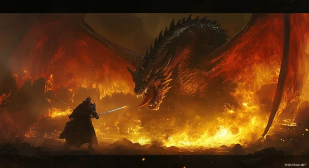 A powerful red dragon engaged in a fierce battle with a knight.