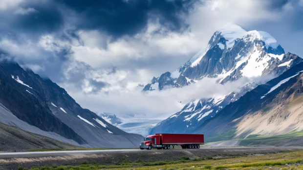 A powerful truck towing a trailer through a mountainous region, with dramatic clouds overhead .