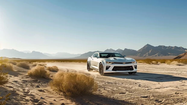 A pristine Camaro SS in a desert landscape, with clear blue skies and distant mountains .