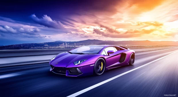 A purple Lamborghini Aventador speeding down an empty highway.