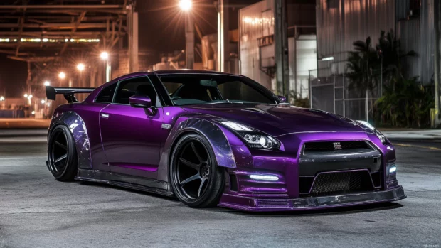 A purple Nissan Skyline, modified with wide body kits and matte black wheels.