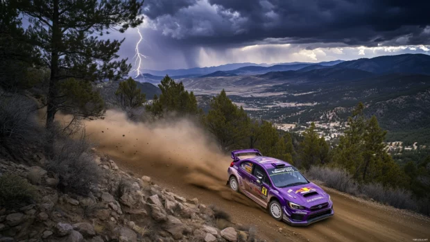 A purple Subaru WRX STI rally car desktop wallpaper.