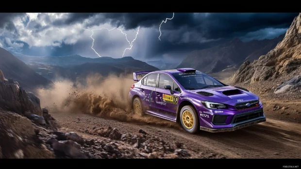 A purple Subaru WRX STI rally car, kicking up dirt as it speeds down a rugged mountain trail.