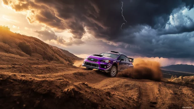 A purple Subaru WRX STI rally car, kicking up dirt as it speeds down a rugged mountain trail, with a stormy sky overhead and lightning in the distance.