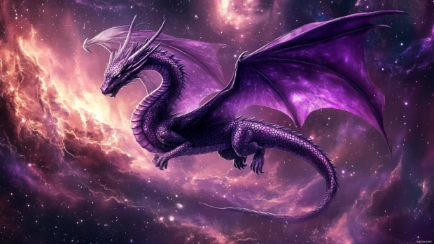 A purple and silver Dragon in a cosmic setting, flying through a galaxy with swirling stars and nebulae.