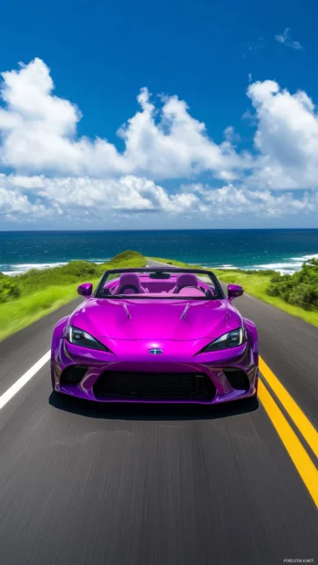 A purple convertible roadster, cruising down a coastal highway with the ocean to one side, and bright skies above, making the purple color pop under the sun.