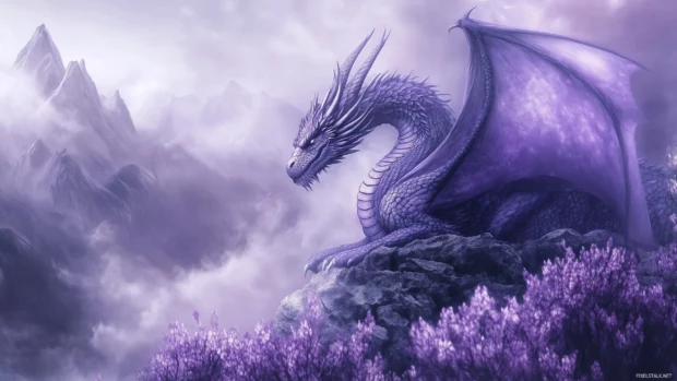 A purple dragon resting atop a mystical mountain, surrounded by swirling mist and vibrant purple flowers.