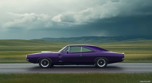 A purple muscle car, like a Dodge Charger, parked on an open road surrounded by vast green fields and an overcast sky.