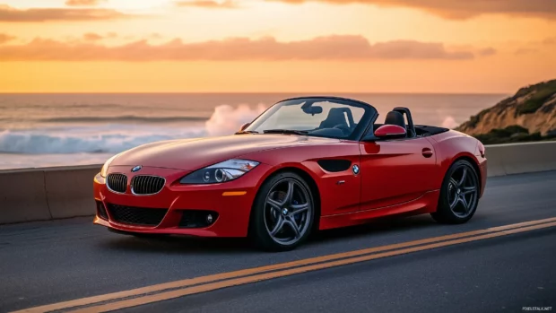 A red BMW Z convertible speeding along a coastal highway with the ocean waves crashing against the cliffs under a sunset sky.